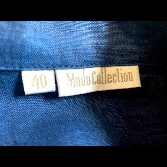 Royal Blue 100% linen button-up shirt mother-of-pearl buttons embroidered collar - Picture 12 of 16